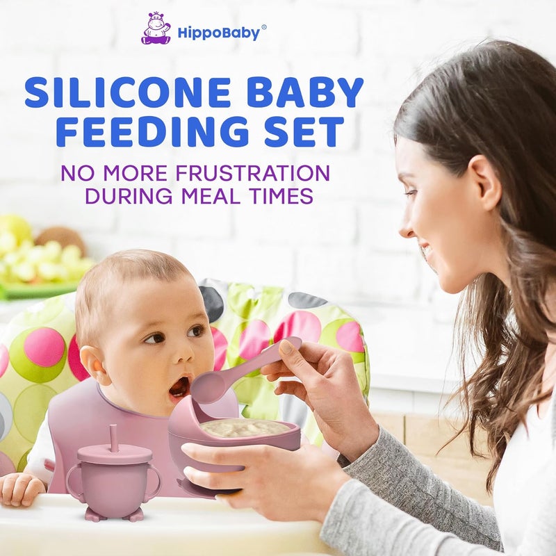 HippoBaby لوازم الفطام بالاعتماد على الذات للأطفال | مجموعة تغذية سيليكون مكونة من 10 قطع، مريلة، كوب، طبق مقسم ووعاء، مجموعة ملاعق وأطباق للتغذية الذاتية | أدوات الأطفال، لوازم تغذية الأطفال (كوارتز وردي) - Image 3